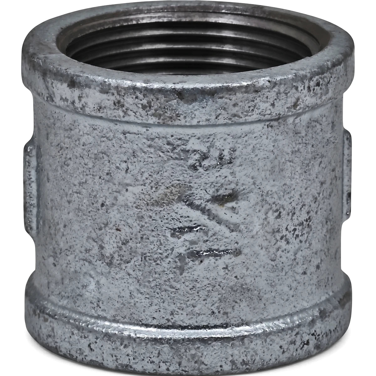 Close-up of a 1 1/4 inch galvanized metal pipe socket with internal threading, viewed from an angled perspective.