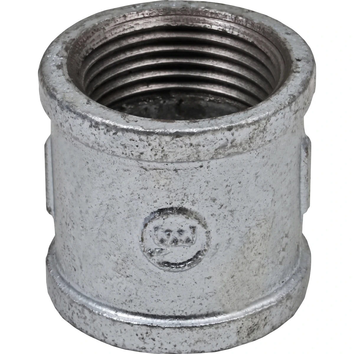 Galvanized Socket 1 inch, silver steel threaded pipe coupling shown from top with internal female threads.