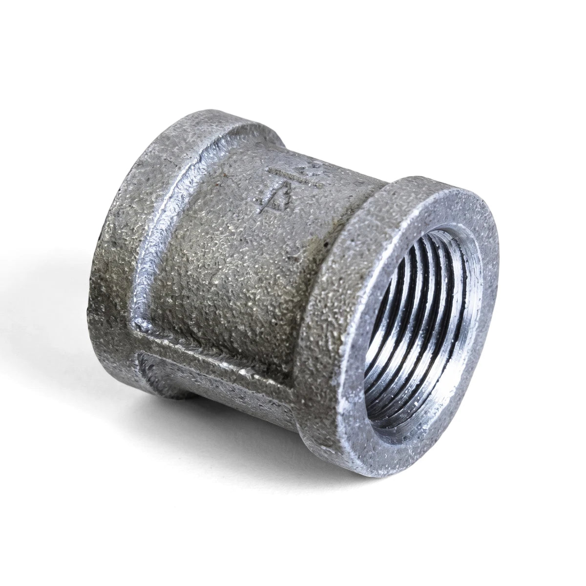 Metallic gray galvanized socket pipe fitting, threaded on one end, angled view against a clean white background.
