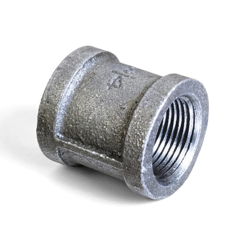 Metallic gray galvanized socket pipe fitting, threaded on one end, angled view against a clean white background.