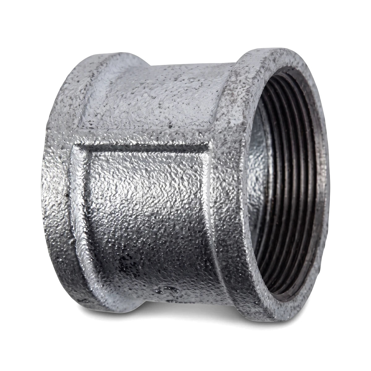 Close-up view of a metallic galvanized socket with internal threading visible on the right end, showcasing its durable
