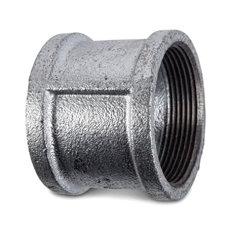 Close-up view of a metallic galvanized socket with internal threading visible on the right end, showcasing its durable