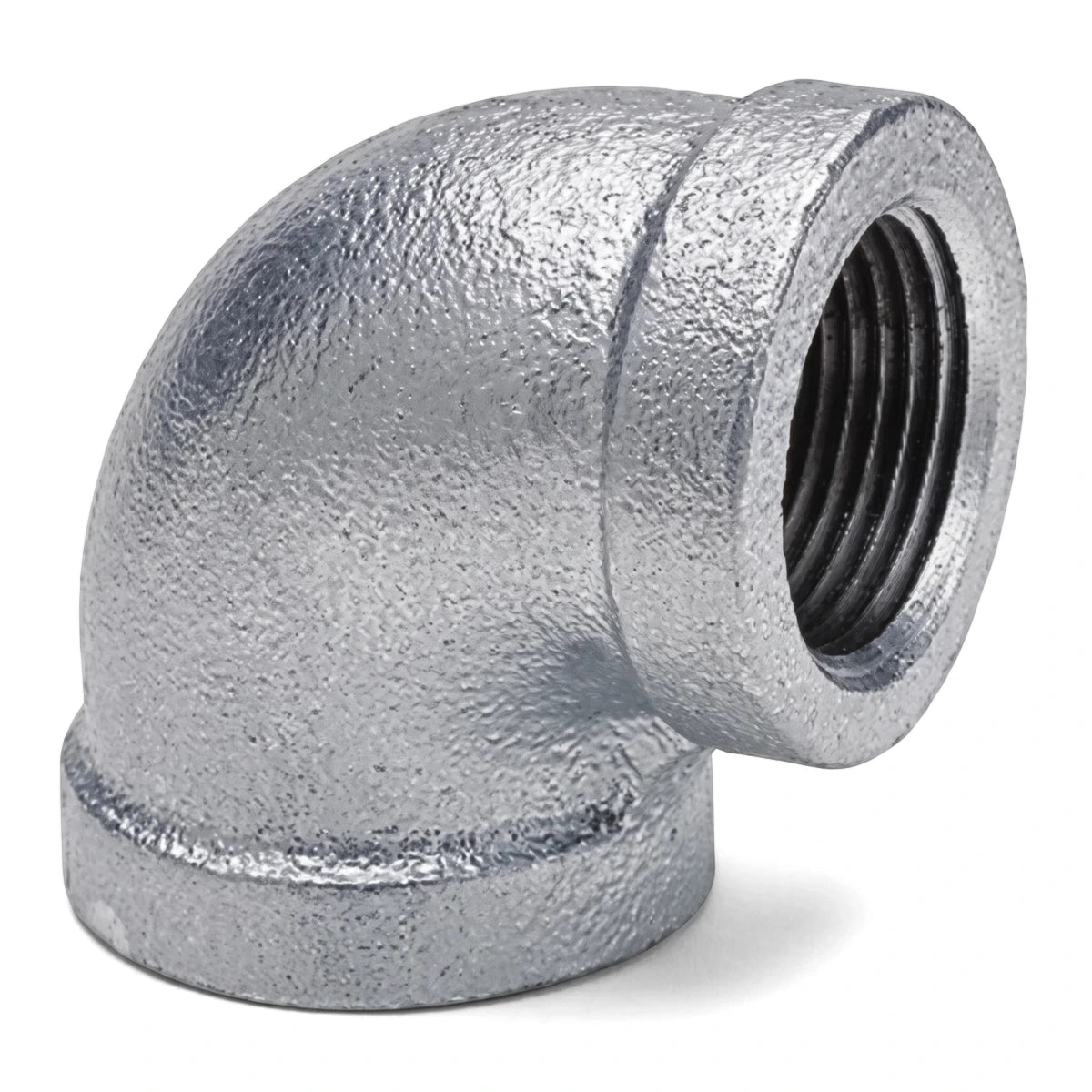 3/4 inch galvanized steel 90-degree elbow fitting with female threaded connections for plumbing applications.