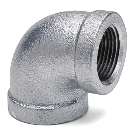 3/4 inch galvanized steel 90-degree elbow fitting with female threaded connections for plumbing applications.