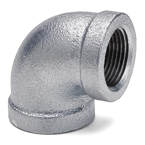 3/4 inch galvanized steel 90-degree elbow fitting with female threaded connections for plumbing applications.