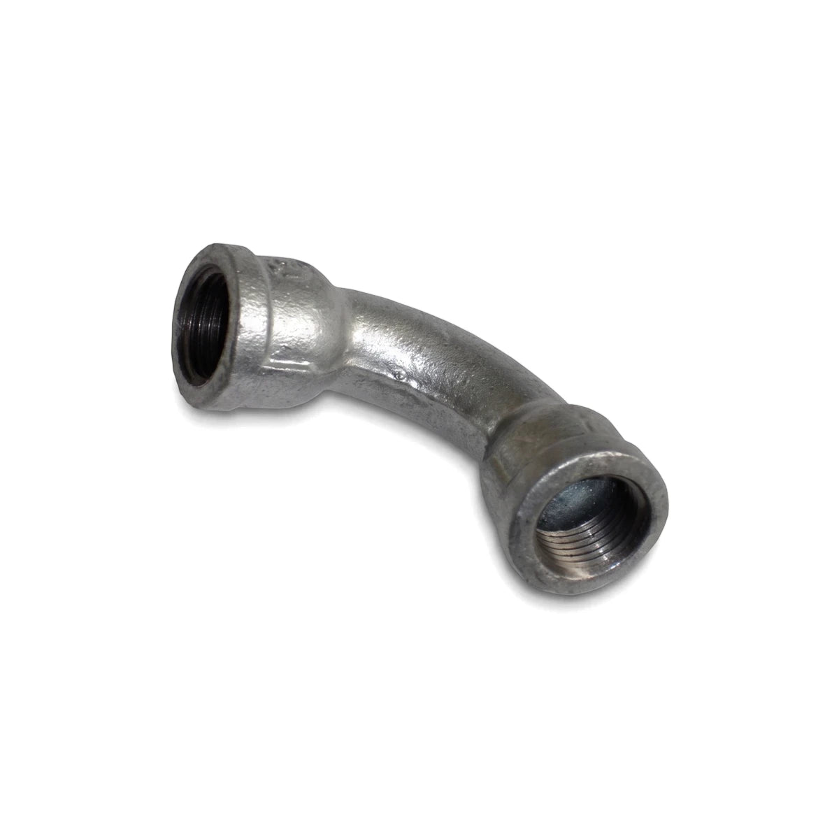 A silver galvanized steel 90-degree pipe bend with female threaded ends, for plumbing and piping systems.