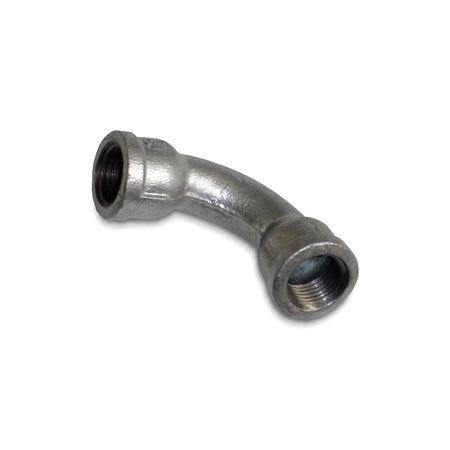 A silver galvanized steel 90-degree pipe bend with female threaded ends, for plumbing and piping systems.