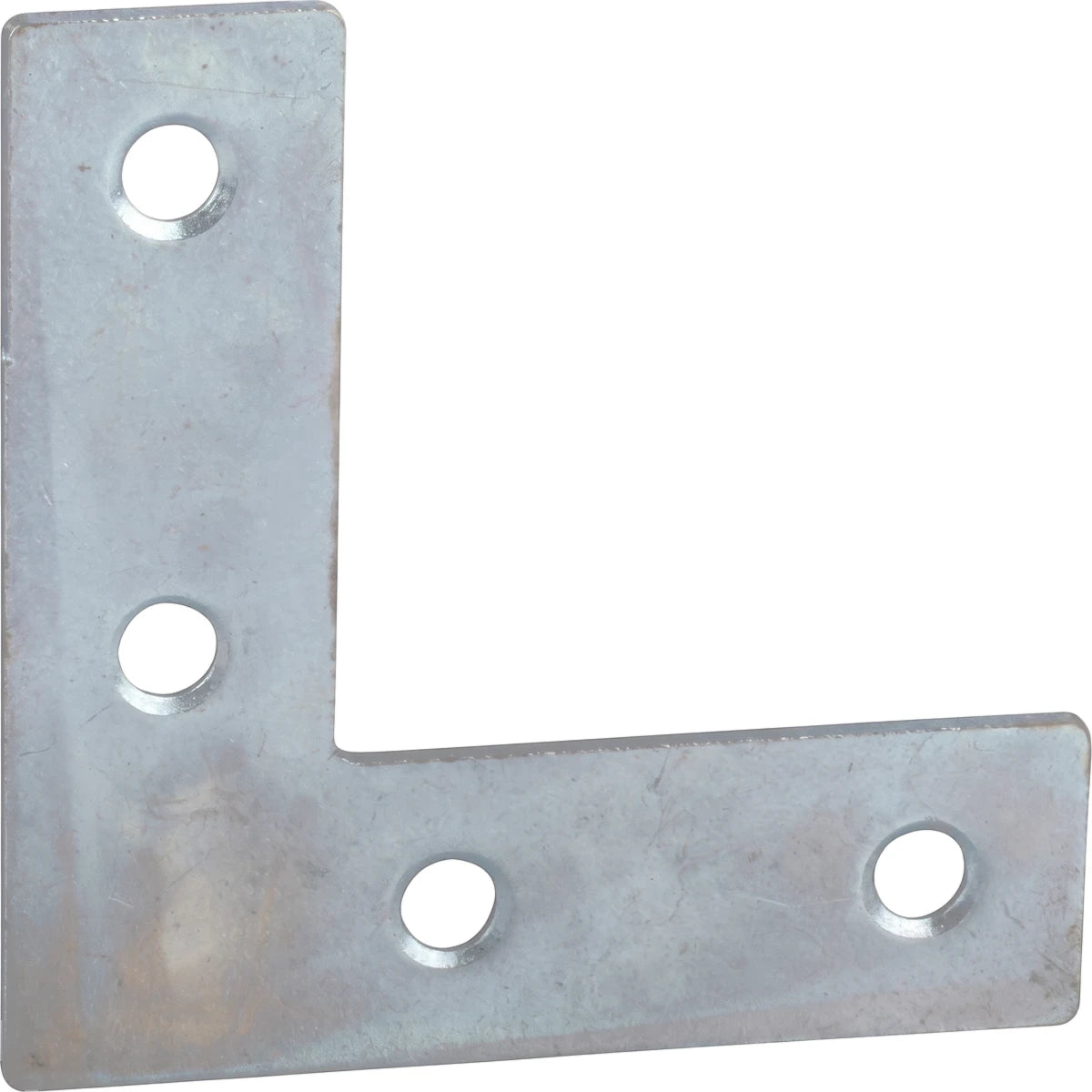 Galvanized steel L-shaped flat brace mend plate with four screw holes for structural support, 61x61mm.