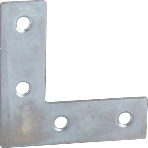 Galvanized steel L-shaped flat brace mend plate with four screw holes for structural support, 61x61mm.