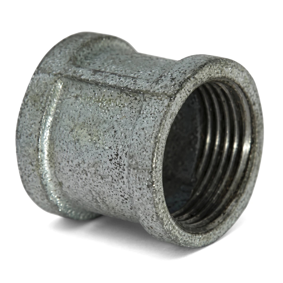 Grey galvanized steel pipe socket with internal threading, shown from a slightly angled view.
