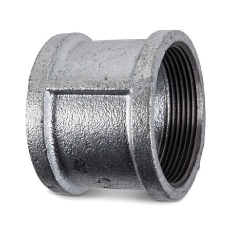 Close-up view of a 1 1/2 inch galvanized steel socket, a durable pipe fitting with internal threading, against a white