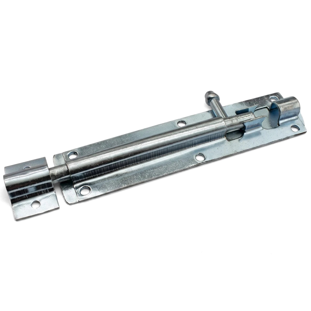 A single galvanized straight barrel bolt, 150mm in length, made of silver-colored metal, viewed from a slight top-down angle.