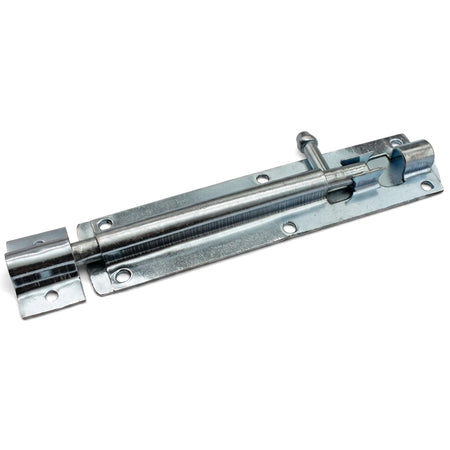A single galvanized straight barrel bolt, 150mm in length, made of silver-colored metal, viewed from a slight top-down angle.