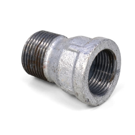 Close-up of a metallic gray galvanized straight MF fitting, with male threading on one end and female threading on the other