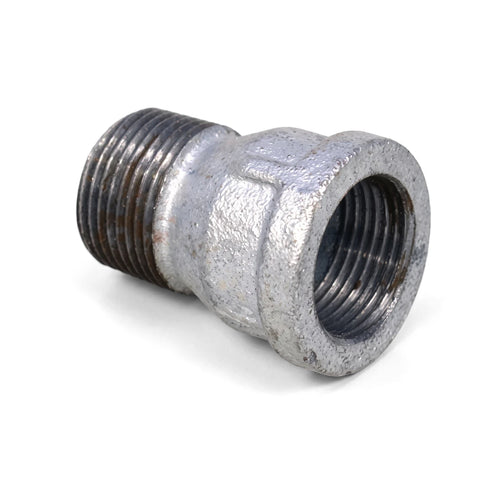 Close-up of a metallic gray galvanized straight MF fitting, with male threading on one end and female threading on the other