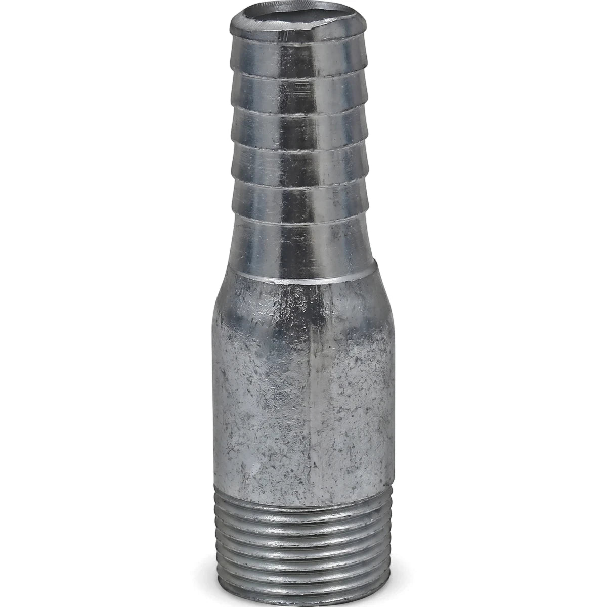 A single galvanized metal swage nipple, 3/4 inch, shown upright on a white background. This pipe fitting has a barbed end