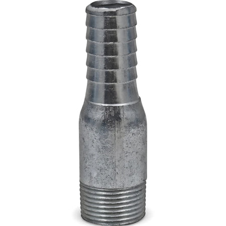 A single galvanized metal swage nipple, 3/4 inch, shown upright on a white background. This pipe fitting has a barbed end
