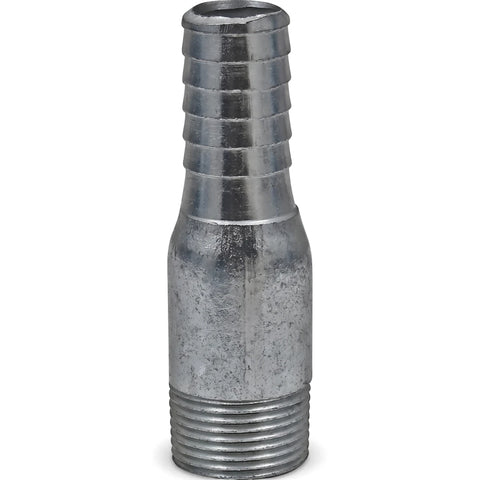 A single galvanized metal swage nipple, 3/4 inch, shown upright on a white background. This pipe fitting has a barbed end