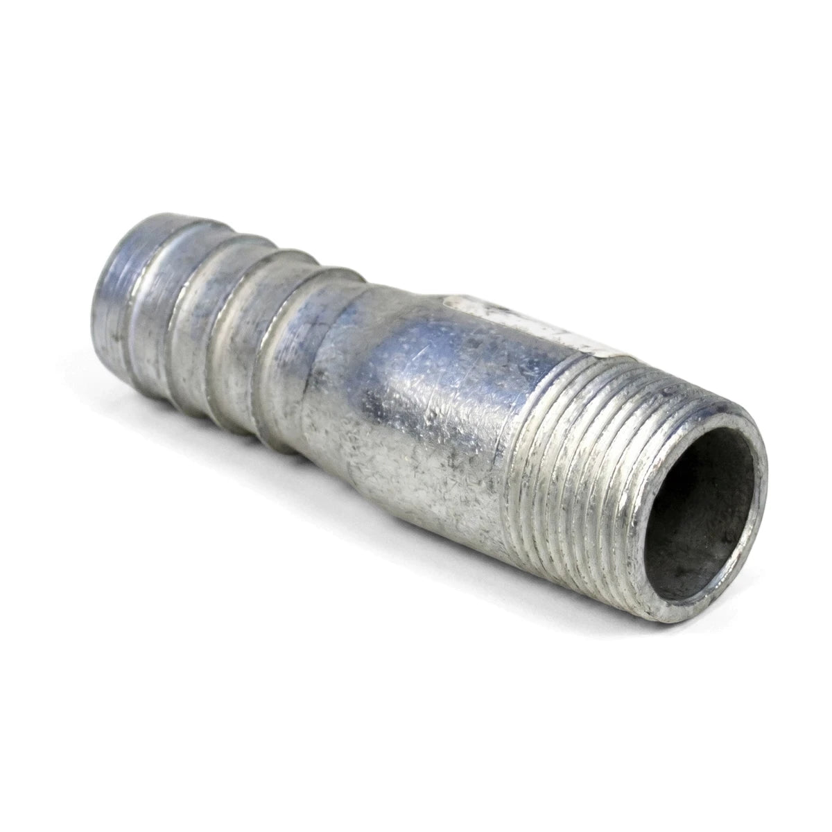 A galvanized swage nipple, silver-toned and metallic, featuring both a ribbed and a threaded end for pipe connections.