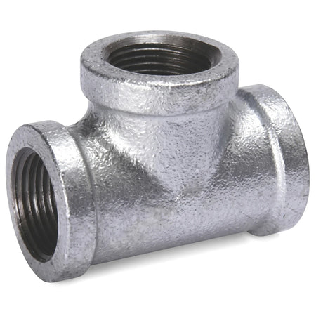 Galvanized tee pipe fitting, 1 1/2 inch, featuring three threaded openings, designed for plumbing and industrial