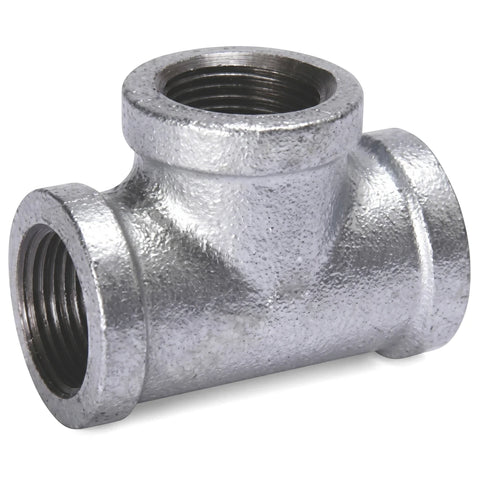 Galvanized tee pipe fitting, 1 1/2 inch, featuring three threaded openings, designed for plumbing and industrial