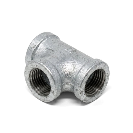 Silver galvanized iron tee pipe fitting, 1 inch, with three visible threaded female ends.