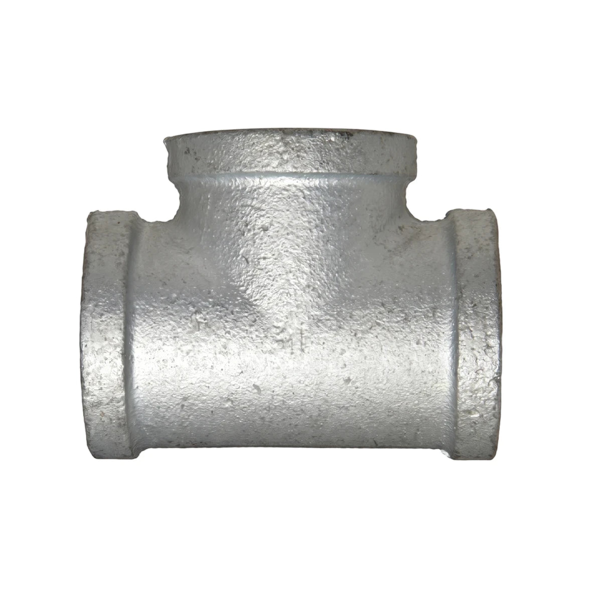 A single 1 1/4 inch galvanized steel tee pipe fitting, silver-grey, displayed against a white background.