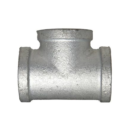 A single 1 1/4 inch galvanized steel tee pipe fitting, silver-grey, displayed against a white background.