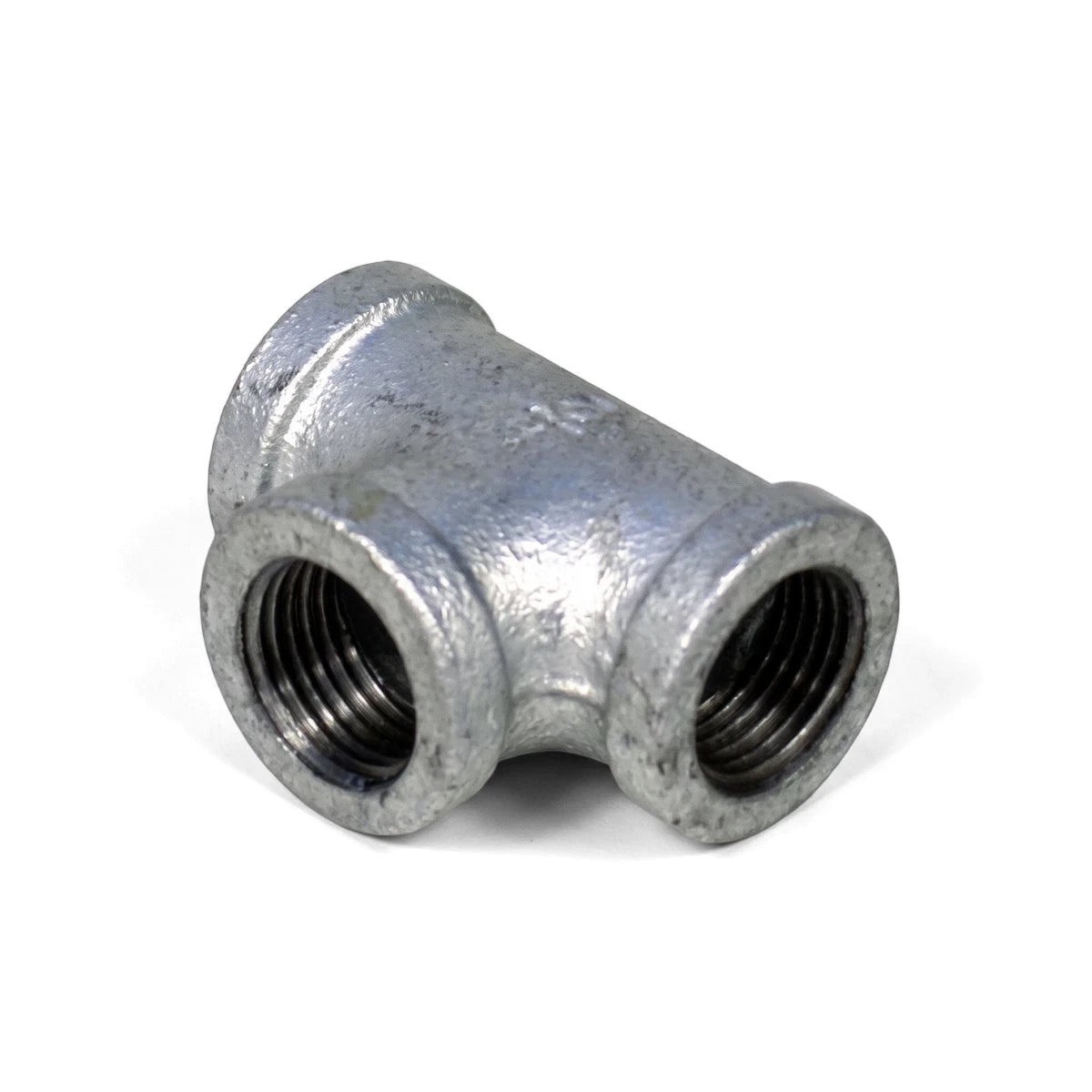 Galvanized tee pipe fitting with three threaded openings, used for plumbing and construction applications.