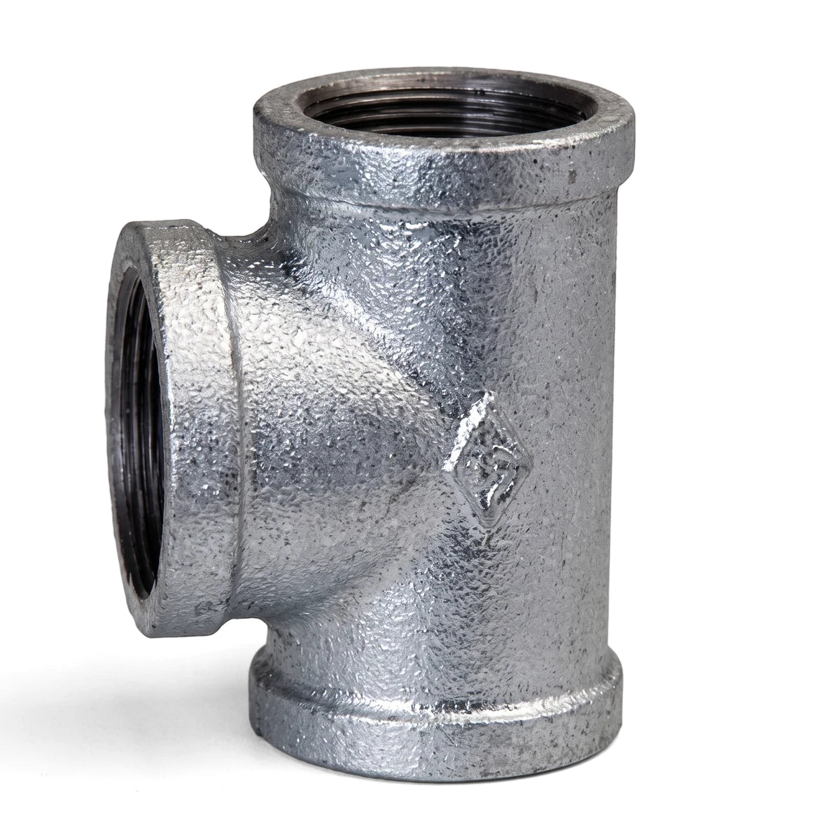 A silver galvanized T-shaped pipe fitting with threaded ends, used in plumbing and industrial applications, displayed