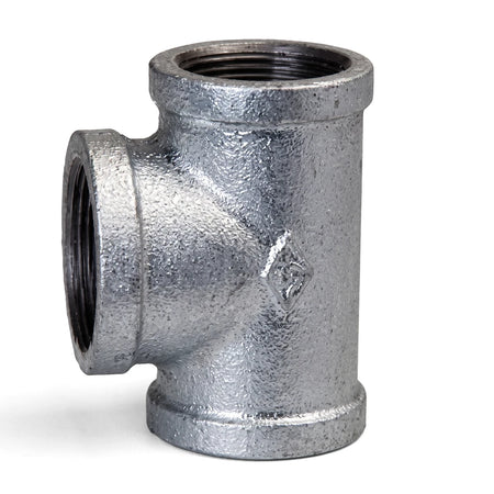 A silver galvanized T-shaped pipe fitting with threaded ends, used in plumbing and industrial applications, displayed