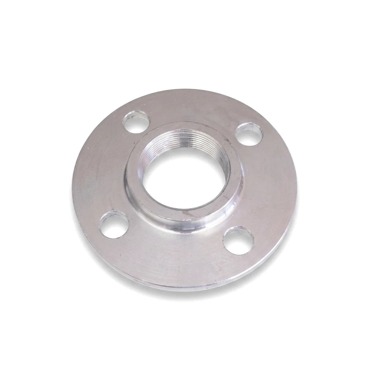 A silver-colored galvanized threaded flange, 15mm, a circular industrial pipe fitting with a central threaded hole and four