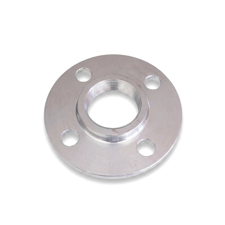 A silver-colored galvanized threaded flange, 15mm, a circular industrial pipe fitting with a central threaded hole and four