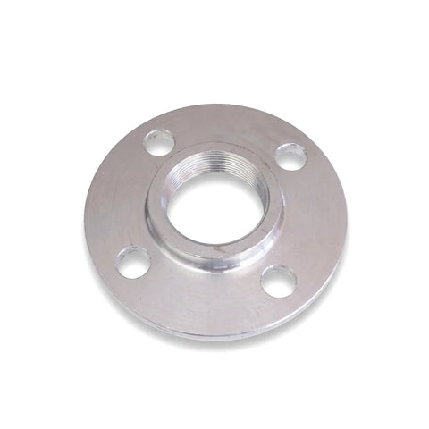 A silver-colored galvanized threaded flange, 15mm, a circular industrial pipe fitting with a central threaded hole and four