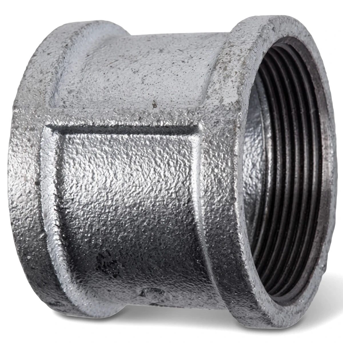 Gray galvanized threaded pipe socket, a durable metal plumbing component for joining pipes, shown on a white background.