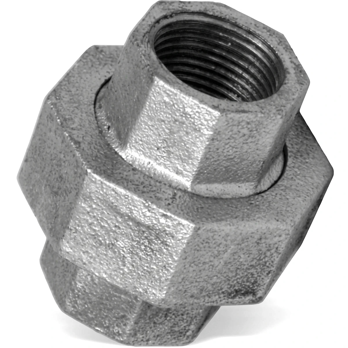 Close-up view of a metallic gray 1/2 inch galvanized union pipe fitting, showing hexagonal ends and internal threading.