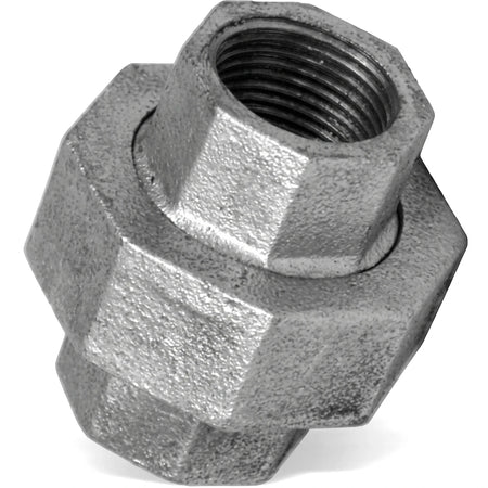 Close-up view of a metallic gray 1/2 inch galvanized union pipe fitting, showing hexagonal ends and internal threading.