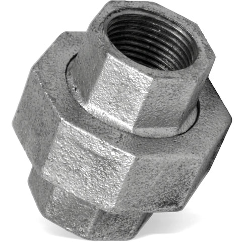Close-up view of a metallic gray 1/2 inch galvanized union pipe fitting, showing hexagonal ends and internal threading.