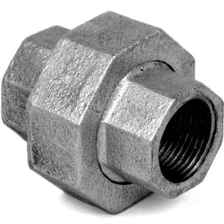 3/4 inch galvanized union pipe fitting, grey metallic with hexagonal ends, shown at an angle.