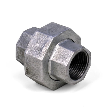 Gray galvanized union fitting, a durable metal pipe connector with internal threads for plumbing and industrial use.
