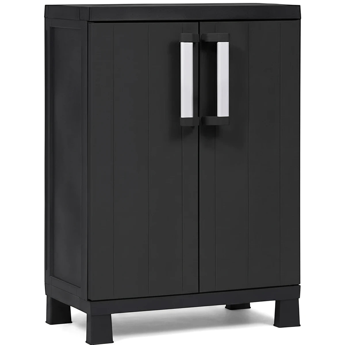 Garage Midi Short Storage Cabinet in black resin with double doors and silver handles, front view for garage storage.