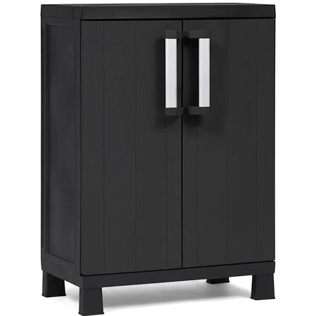 Garage Midi Short Storage Cabinet in black resin with double doors and silver handles, front view for garage storage.