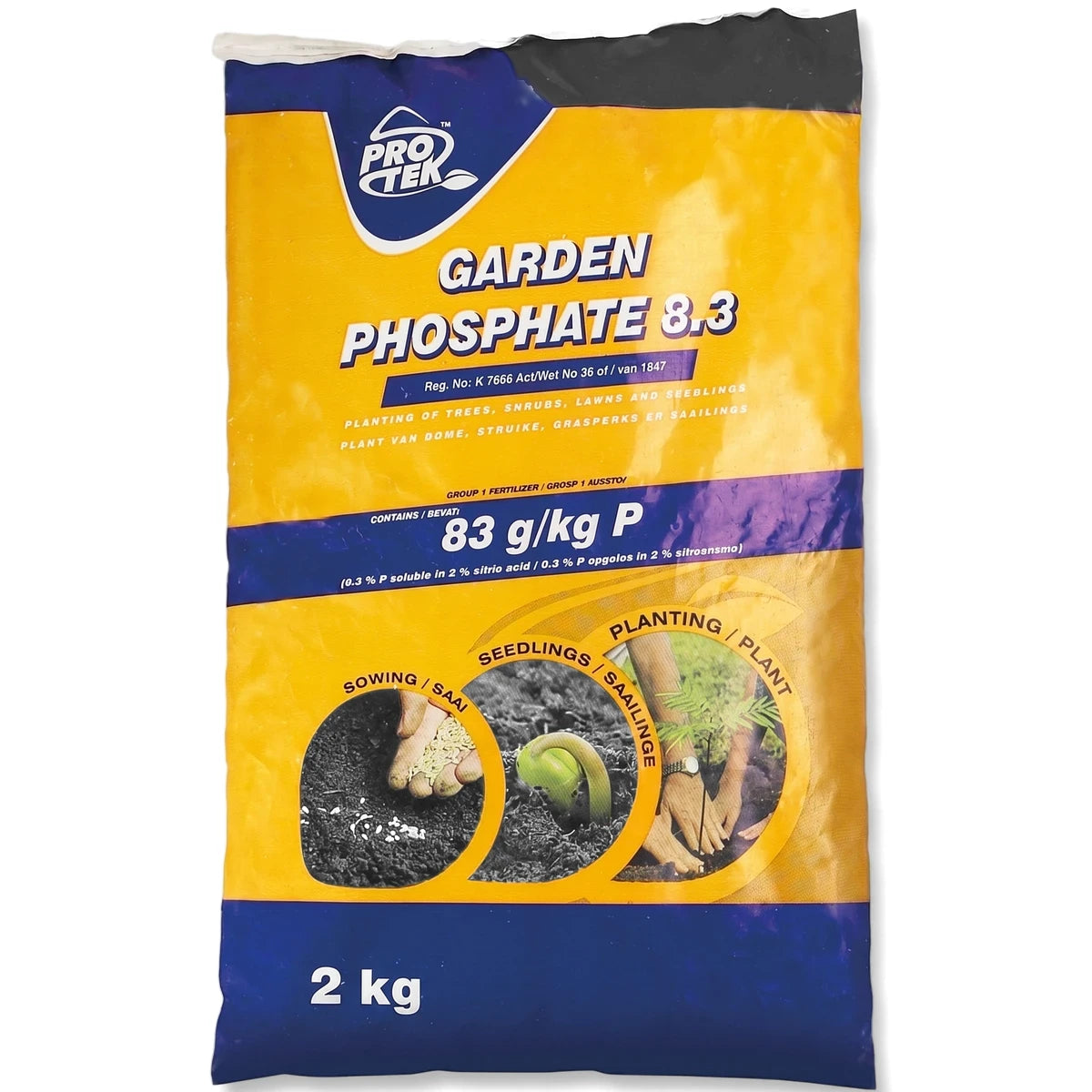 A 2kg yellow and blue plastic bag of Garden Phosphate 8.3 fertilizer, designed for planting trees, shrubs, lawns, and