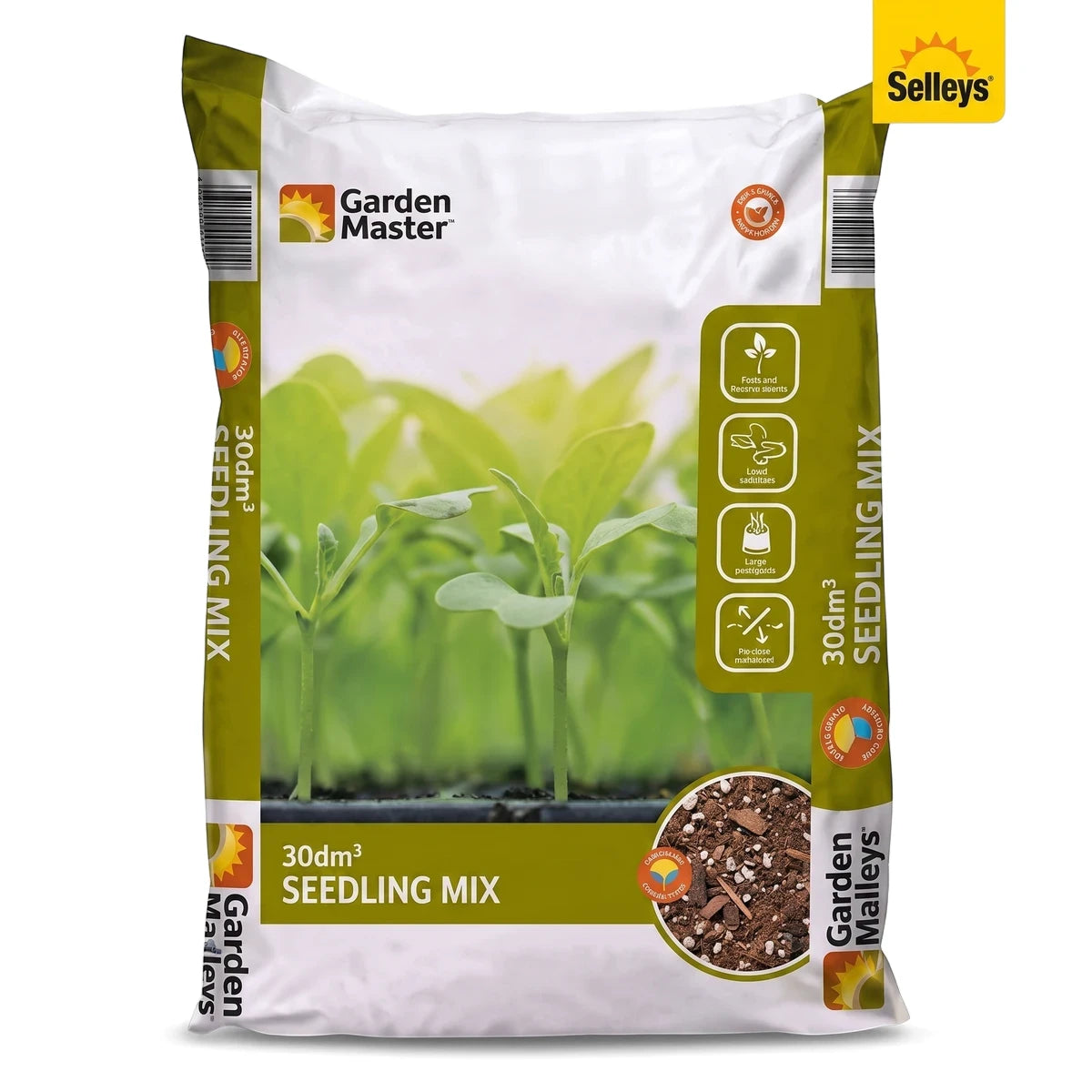 Large 30dm³ bag of Garden Seedling Mix soil, white and green with orange branding for plant propagation.