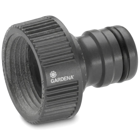 Dark gray Gardena tap connector with ribbed texture and visible brand logo, designed for hose connections, viewed at an