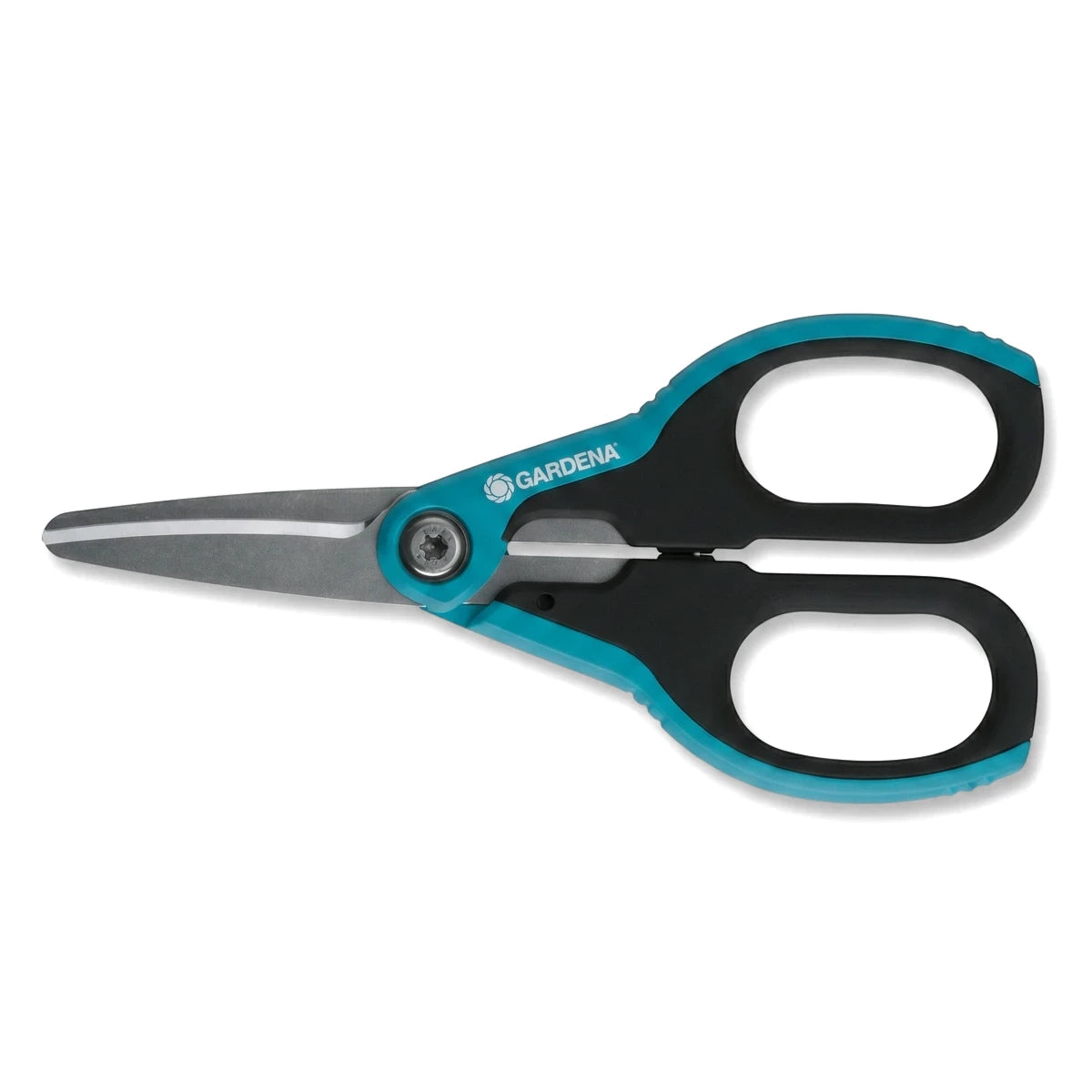 Gardena EasyCut Secateurs with sharp silver blades and ergonomic turquoise and black handles, shown open on a white