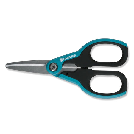 Gardena EasyCut Secateurs with sharp silver blades and ergonomic turquoise and black handles, shown open on a white