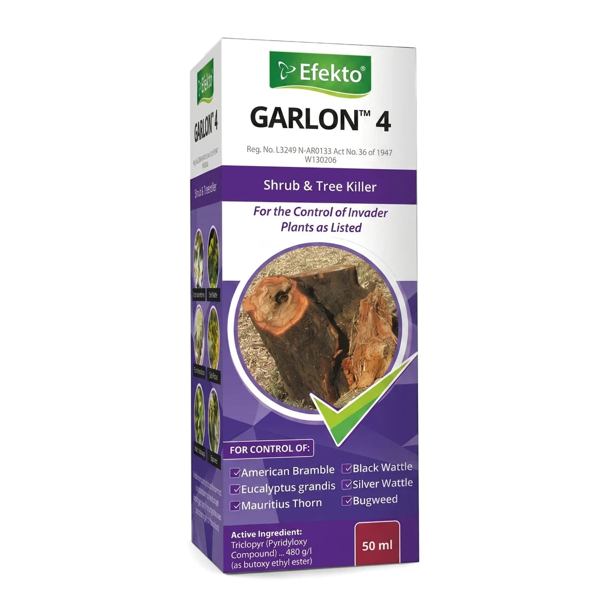 Garlon 450 ml Herbicide, a white and purple box for shrub and tree killer, 50 ml, shown from a slightly angled view.