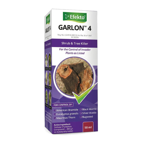 Garlon 450 ml Herbicide, a white and purple box for shrub and tree killer, 50 ml, shown from a slightly angled view.