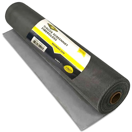 Grey fiberglass gauze screennet roll, 900mm x 30m, partially unrolled to show its fine mesh texture.